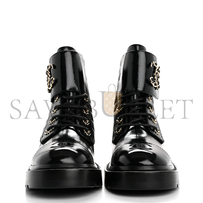 CHANEL SHINY CALFSKIN QUILTED LACE UP COMBAT BOOTS G36424